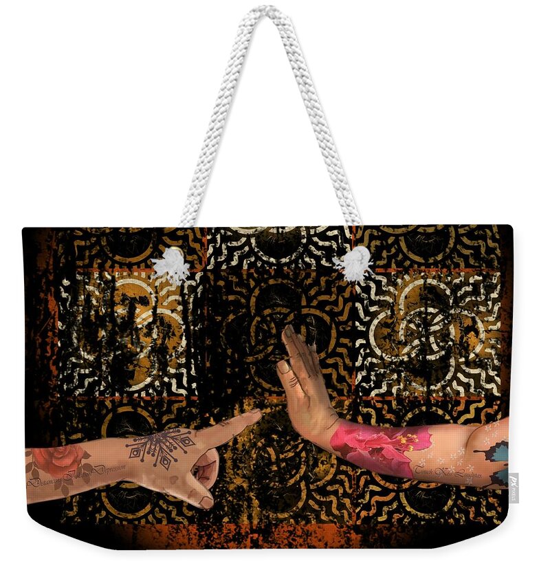 Coronavirus Weekender Tote Bag featuring the drawing No Touch by Joan Stratton