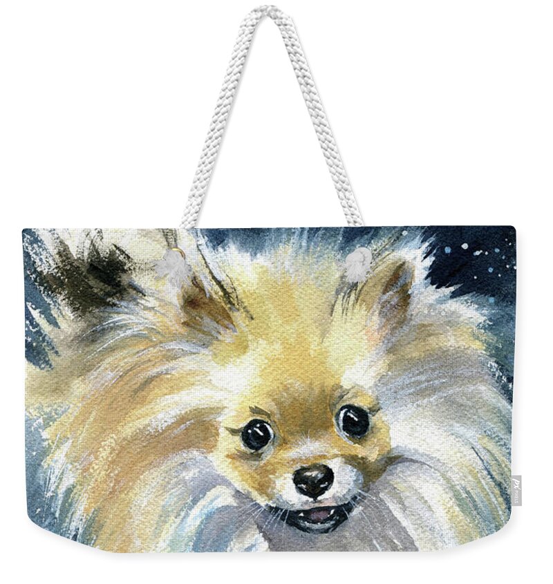Pomeranian Weekender Tote Bag featuring the painting Noce Pomeranian Puppy Painting by Dora Hathazi Mendes