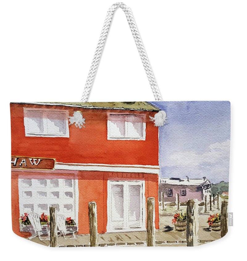 Scrimshaw Weekender Tote Bag featuring the painting NOFO Scrimshaw Greenport by Eileen Kelly