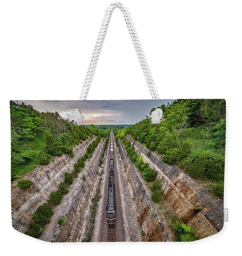 Railroad Weekender Tote Bag featuring the photograph Norfolk Southern 3645 leads a WB empty coal train at Tunnel Hill by Jim Pearson