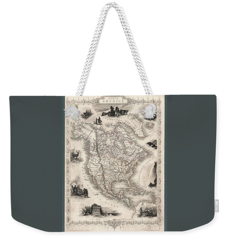 North America Weekender Tote Bag featuring the photograph North America Map 1851 with illustrations and boundaries by Phil Cardamone