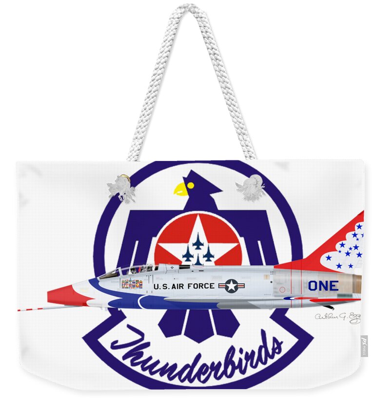 North American Aviation Weekender Tote Bag featuring the digital art North American Aviation F-100C Thundersbird by Arthur Eggers