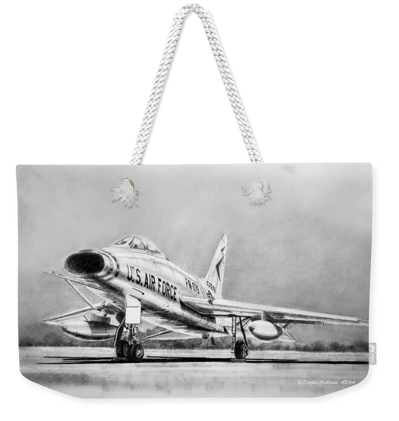 Aircraft Weekender Tote Bag featuring the drawing North American F-100 Super Sabre by Douglas Castleman