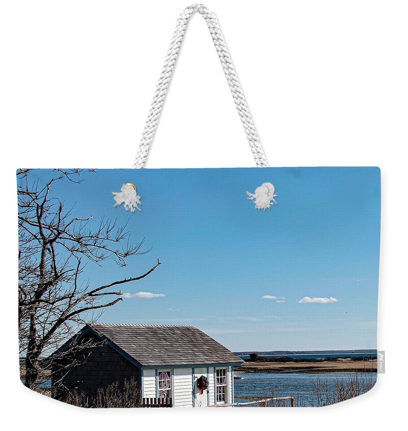 Shack House Water Bird Pond Lake Porch Weekender Tote Bag featuring the photograph North Fork shack1 by John Linnemeyer