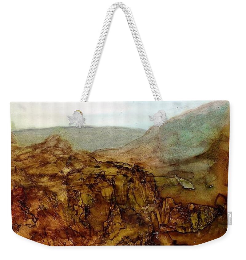 Alcohol Ink Weekender Tote Bag featuring the painting North through the canyon by Angela Marinari
