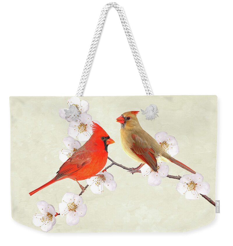 Northern Cardinal Bird Weekender Tote Bag featuring the photograph Northern Cardinal Couple by Laura D Young