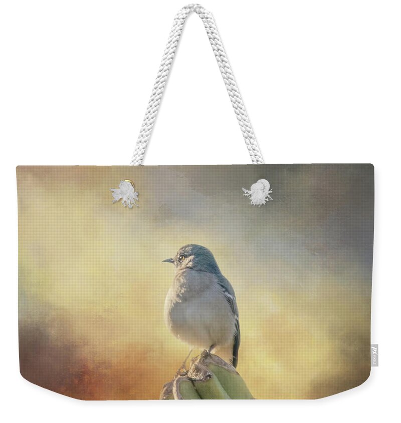 Mockingbird Weekender Tote Bag featuring the mixed media Northern Mockingbird on Cactus One by Elisabeth Lucas