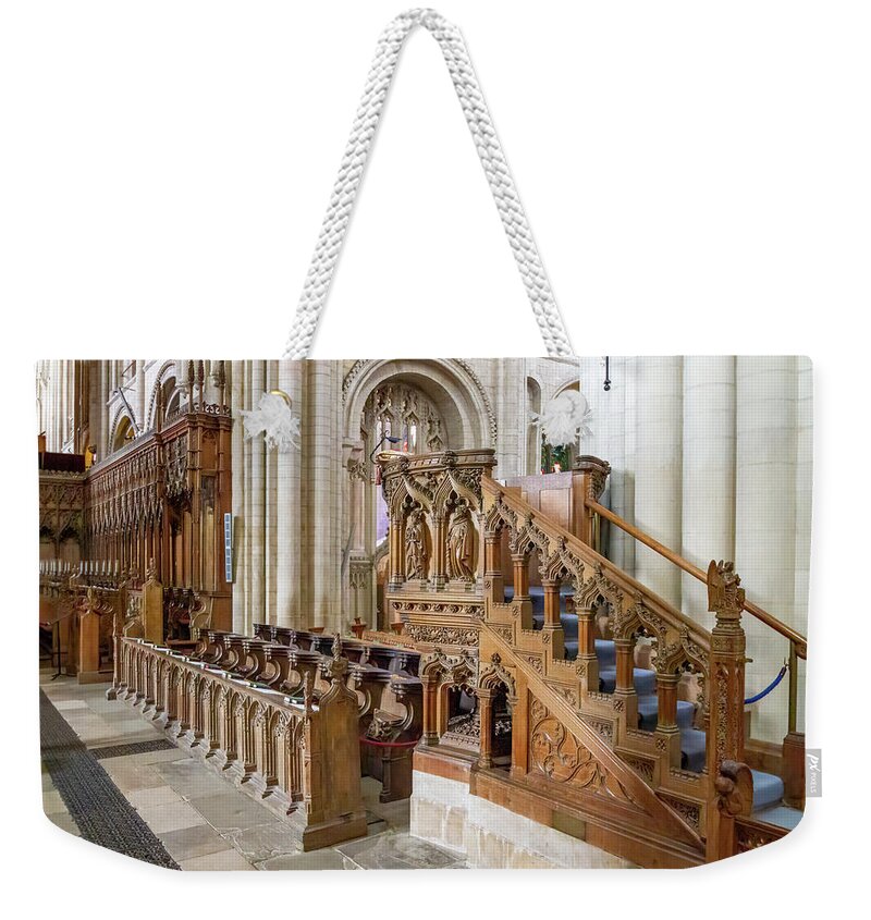 Religion Weekender Tote Bag featuring the photograph Norwich Cathedral Choir Stalls by Shirley Mitchell