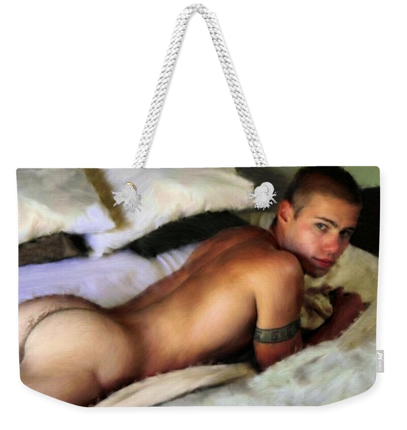 Nude Weekender Tote Bag featuring the painting Nude on a Bed by Troy Caperton