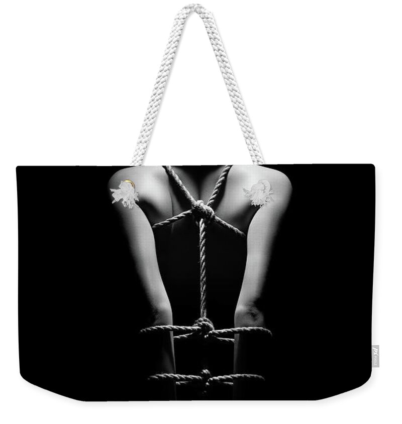 Woman Weekender Tote Bag featuring the photograph Nude Woman bondage 7 by Johan Swanepoel