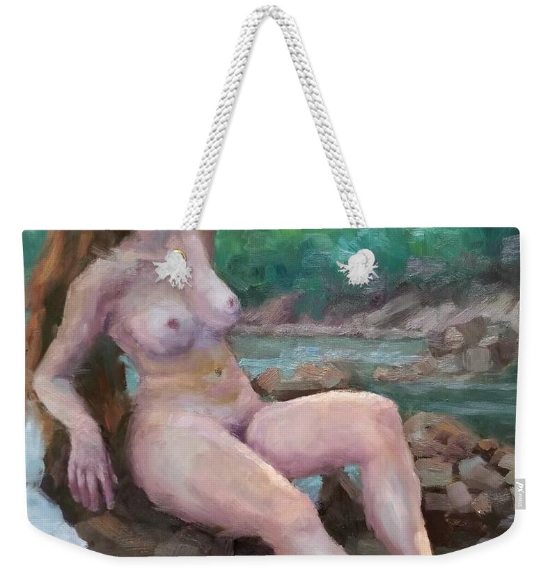 Plein Air Weekender Tote Bag featuring the painting Nude woman by creek by Jeff Dickson