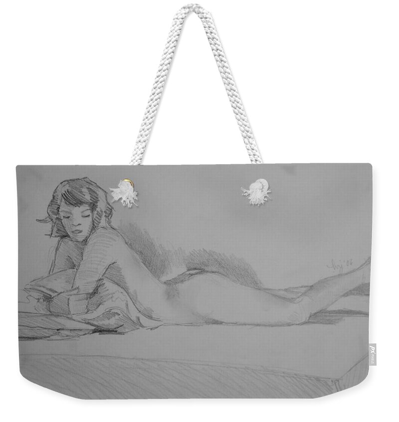 Nude Weekender Tote Bag featuring the drawing Nude Woman by Mike Jory