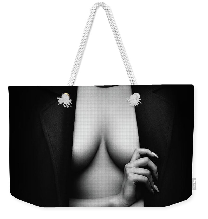 Woman Weekender Tote Bag featuring the photograph Nude Woman with jacket 1 by Johan Swanepoel