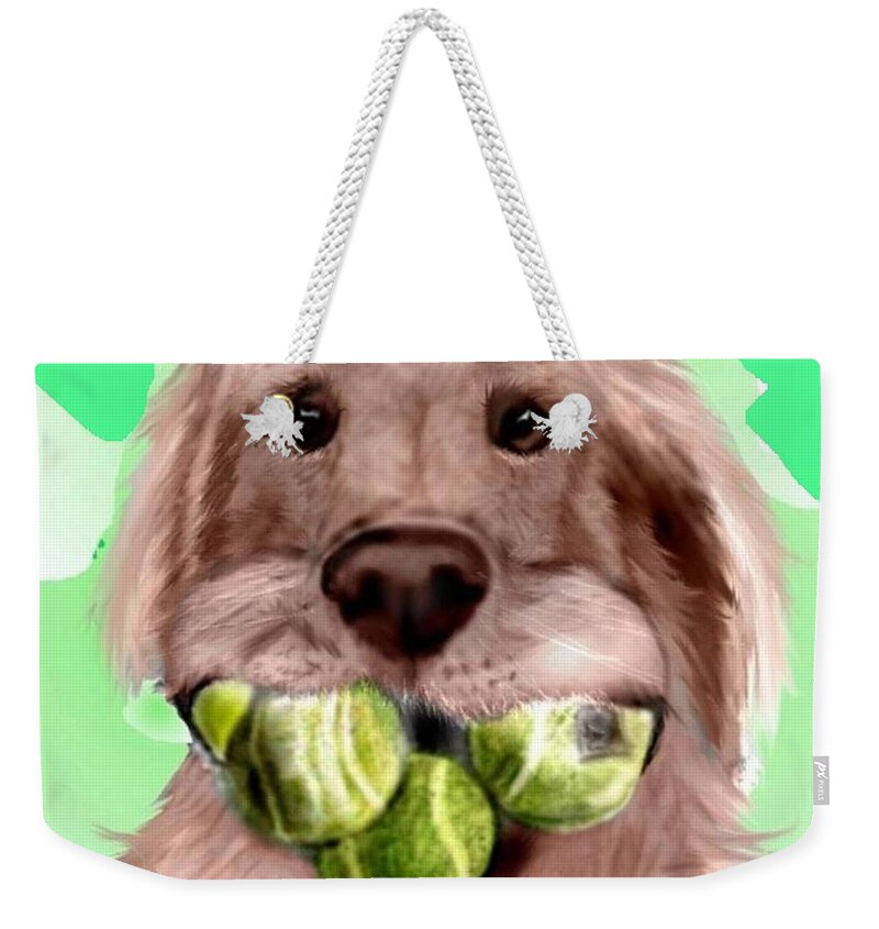 Golden Retriever Tennis Balls Fetching Fetch Funny Caricature Pencil Sketch Mixed Media Weekender Tote Bag featuring the mixed media Nuts for Tennis by Pamela Calhoun