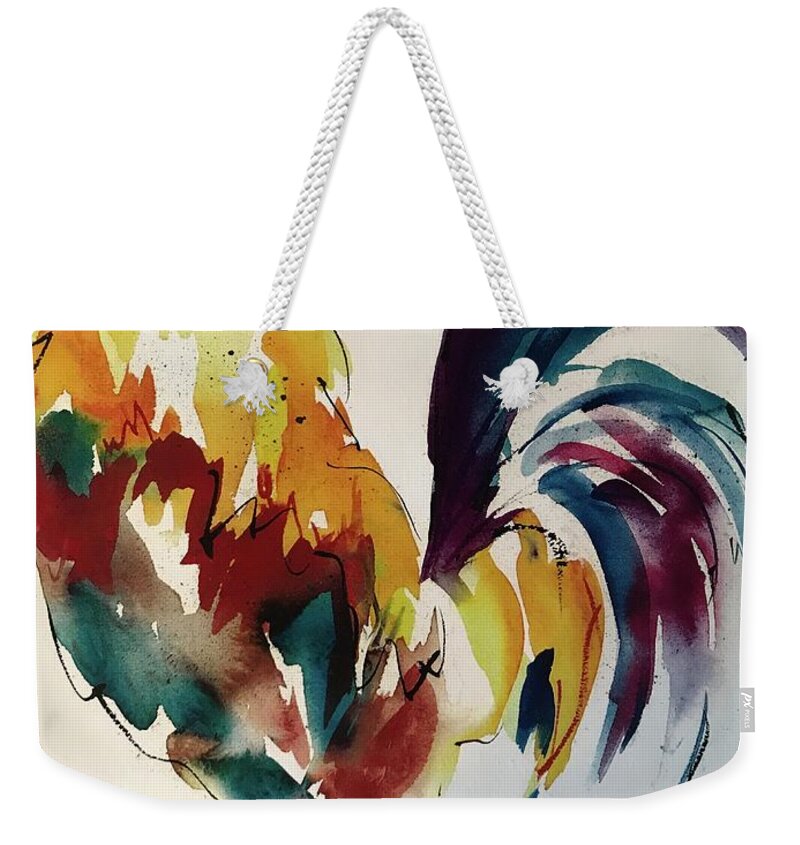Rooster Weekender Tote Bag featuring the painting O how I hate to get up in the Morning by Elaine Elliott