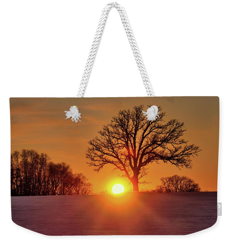Oak Weekender Tote Bag featuring the photograph OakSet - winter WI sunset behind a solitary oak tree by Peter Herman