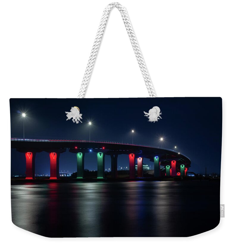 Ocean City Weekender Tote Bag featuring the photograph Ocean City Bridge in Christmas Colors by Kristia Adams