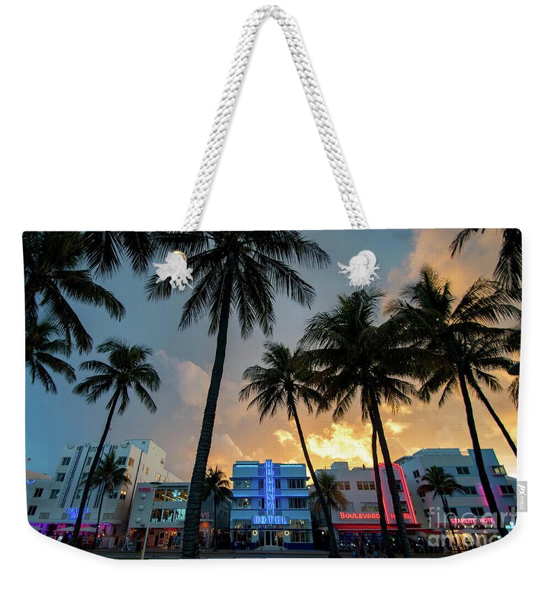 Palm Weekender Tote Bag featuring the photograph Ocean Drive in South Beach Miami at Sunset by Beachtown Views