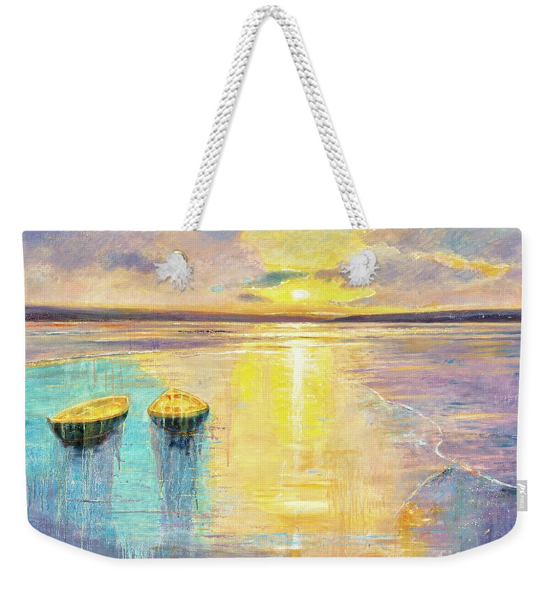 Landscape Weekender Tote Bag featuring the painting Ocean Sunset by Shijun Munns