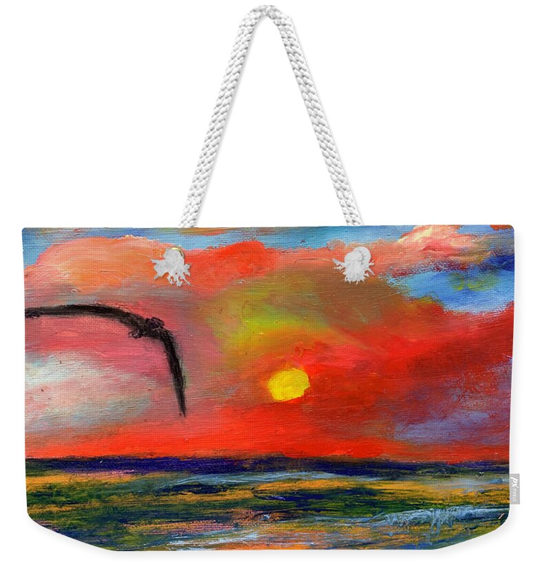 Sunset Weekender Tote Bag featuring the painting Ode To Bird Flight at Sunset Over the Ocean by Susan Grunin