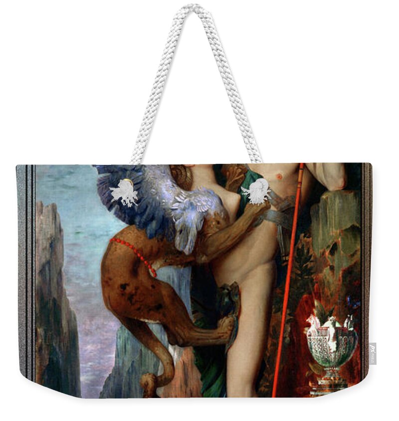 Oedipus And The Sphinx Weekender Tote Bag featuring the painting Oedipus And The Sphinx by Gustave Moreau                           by Rolando Burbon