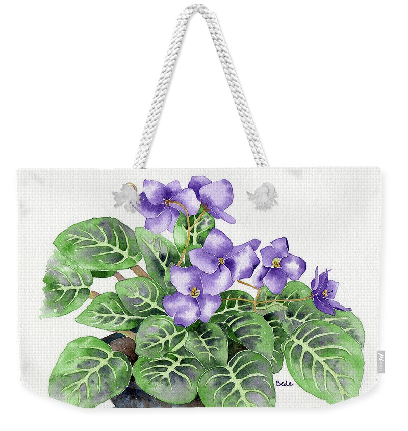 Africanviolet Purple Flower Green Watercolor Weekender Tote Bag featuring the painting Oh Yeah by Catherine Bede