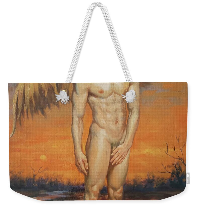 Angel Weekender Tote Bag featuring the painting Oil Painting Angel Of Male Nude In Sunset#17-1-16 by Hongtao Huang