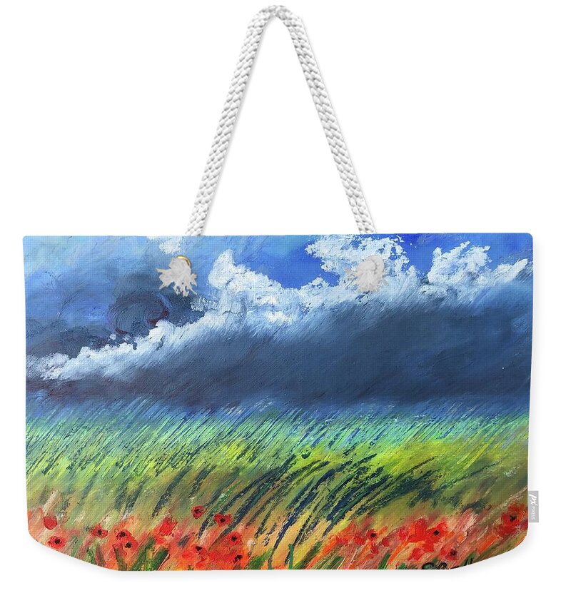 Red Flowers Weekender Tote Bag featuring the painting Oil Pastel Painting Of Cloudy Sky Over Flower Field by Shirley Galbrecht