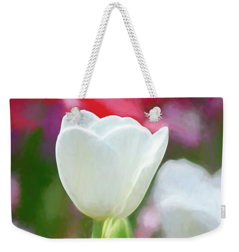 White Weekender Tote Bag featuring the photograph Oklahoma White Tulip Watercolor by Bert Peake