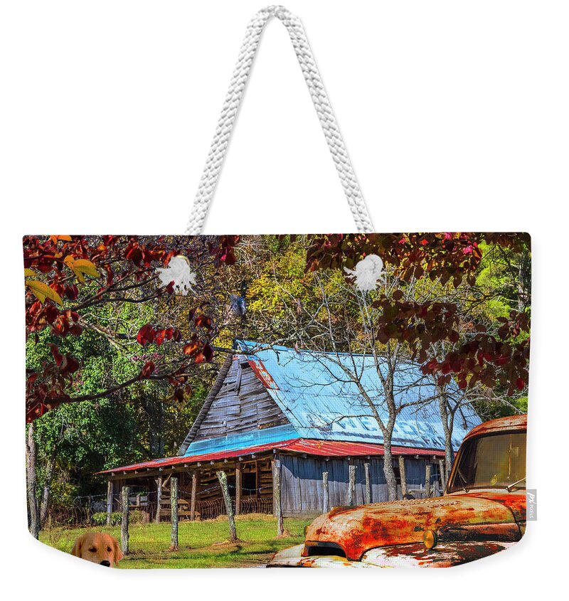 1951 Weekender Tote Bag featuring the photograph Ol' Country Rust in Square by Debra and Dave Vanderlaan