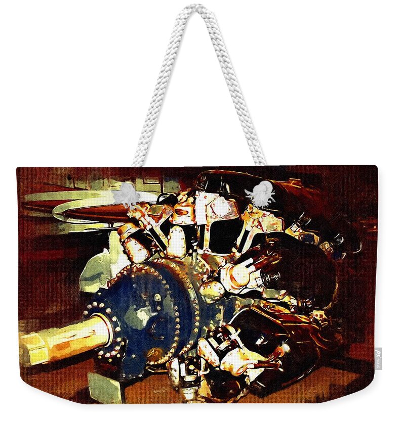 Airplane Weekender Tote Bag featuring the mixed media Old Airplane Engine by Christopher Reed