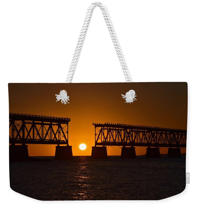 Old Weekender Tote Bag featuring the photograph Old Bahia Honda Rail Bridge Sunset by Monika Salvan