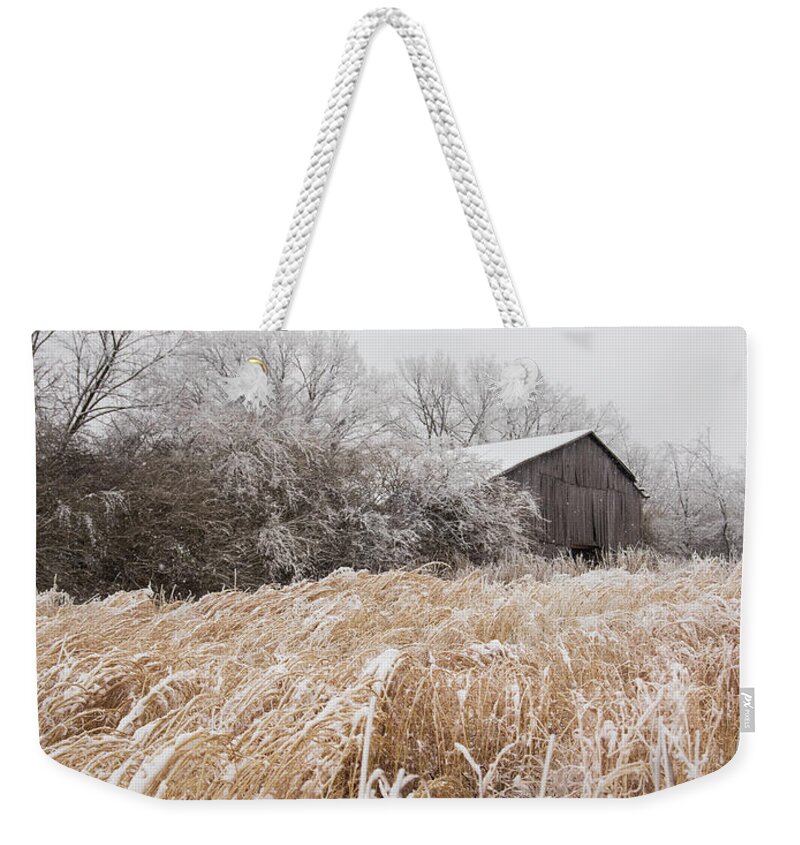 Snow Weekender Tote Bag featuring the photograph Old Barn in the Snow by Debbie Karnes