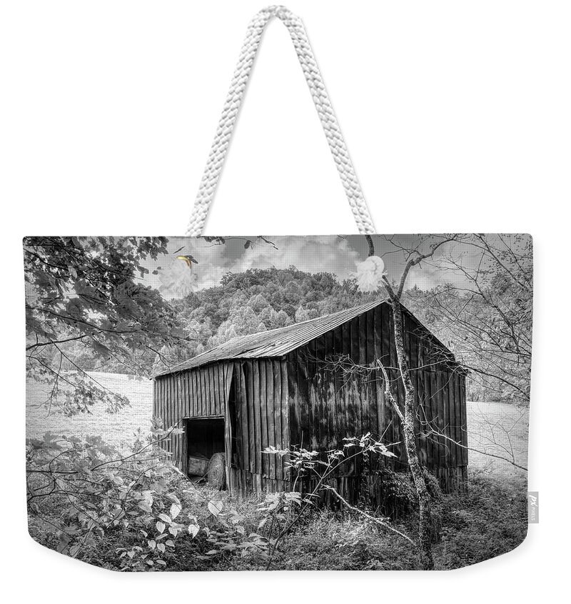 Barns Weekender Tote Bag featuring the photograph Old Barn Pastures Creeper Trail in Autumn Fall Black and White D by Debra and Dave Vanderlaan