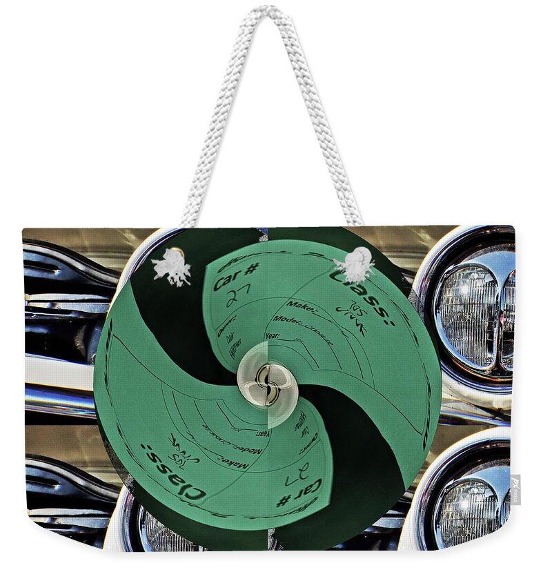 Car Weekender Tote Bag featuring the digital art Old car sign polar coordinates layered by Karl Rose
