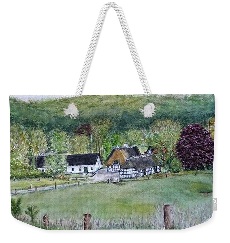 Landscape In Denmark Weekender Tote Bag featuring the painting Old Danish Farm House by Kelly Mills