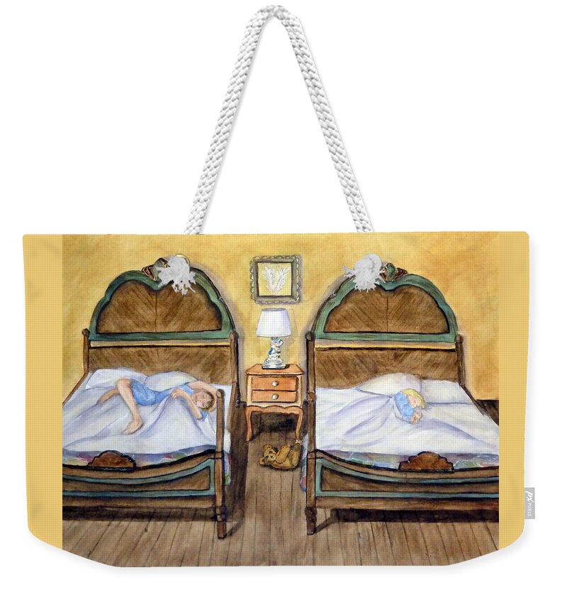 Vintage Beds Weekender Tote Bag featuring the painting Old Fashion Bedtime by Kelly Mills