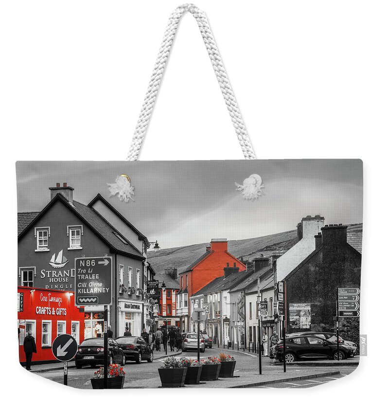 Barns Weekender Tote Bag featuring the photograph Old Irish Town The Dingle Peninsula Black and White with Color by Debra and Dave Vanderlaan