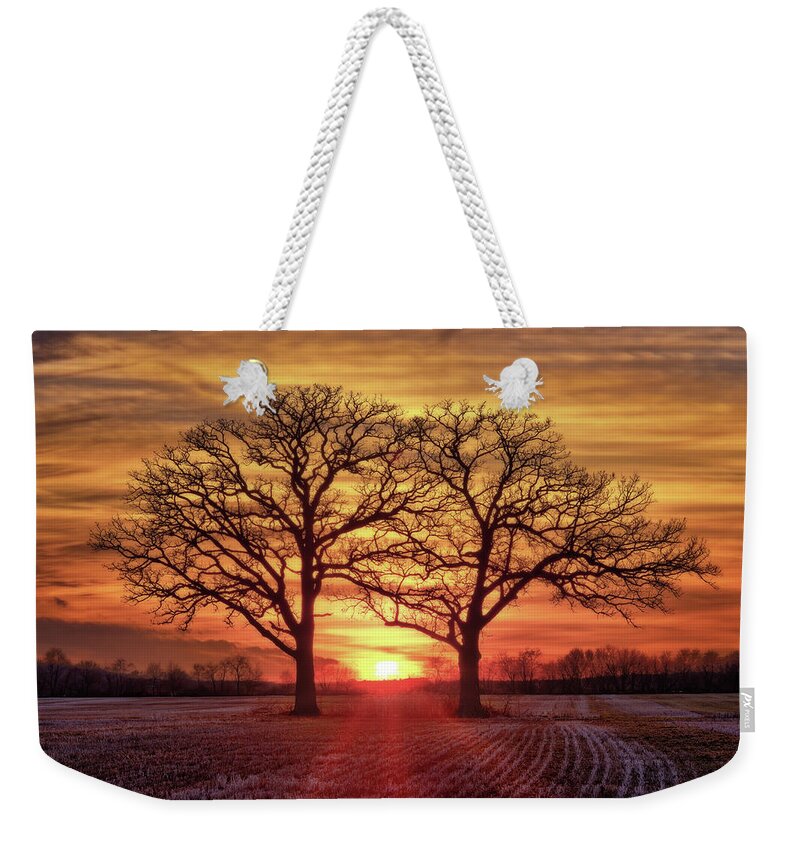 Married Weekender Tote Bag featuring the photograph Old Married Couple - Twin oaks near Oregon WI at sunset by Peter Herman