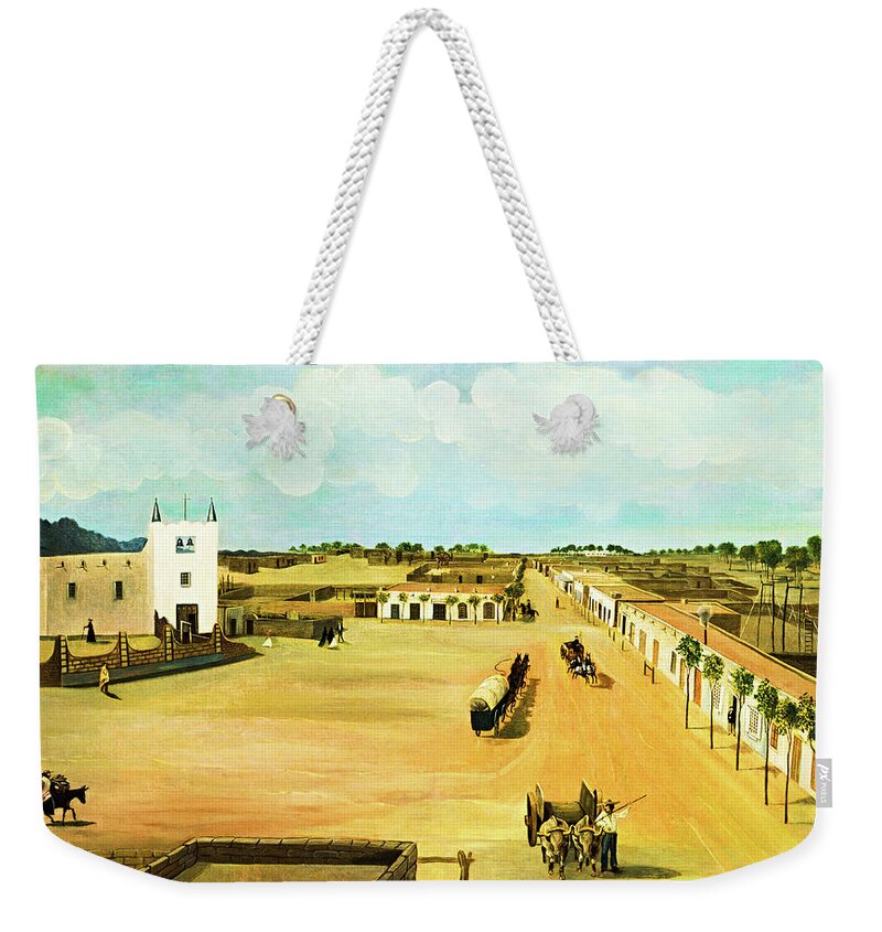 New Mexico Weekender Tote Bag featuring the painting Old Mesilla Plaza circa 1885 by Peter Ogden