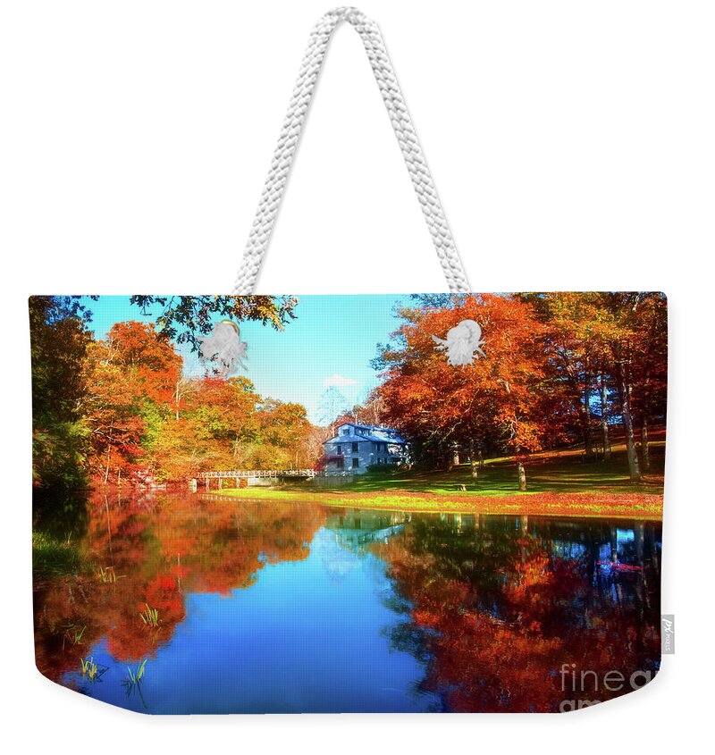 Old Mill House Pond In Autumn Fine Art Photograph Print With Vibrant Fall Colors Weekender Tote Bag featuring the photograph Old Mill House Pond in Autumn Fine Art Photograph Print with Vibrant Fall Colors by Jerry Cowart
