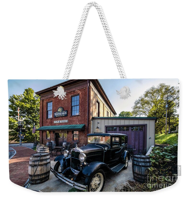Salt Weekender Tote Bag featuring the photograph Old Salt House and Antique Car by Shelia Hunt