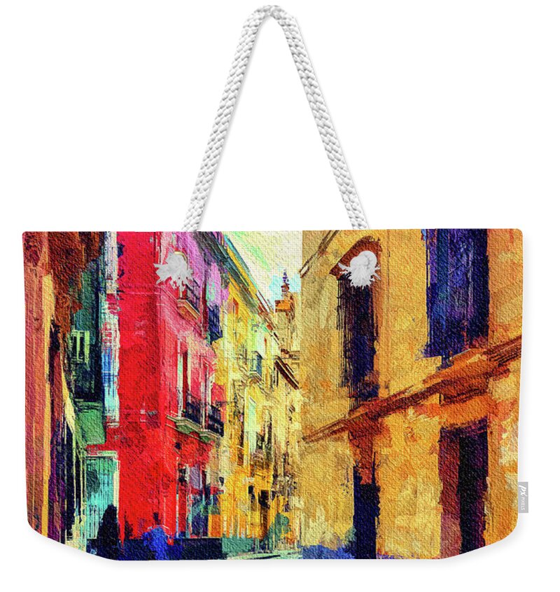 Old Street Weekender Tote Bag featuring the mixed media Old street Seville, Spain by Tatiana Travelways