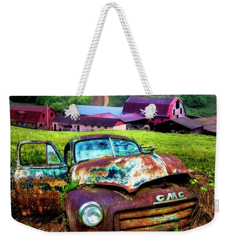 Barns Weekender Tote Bag featuring the photograph Old Truck at the Red Barns Farm by Debra and Dave Vanderlaan