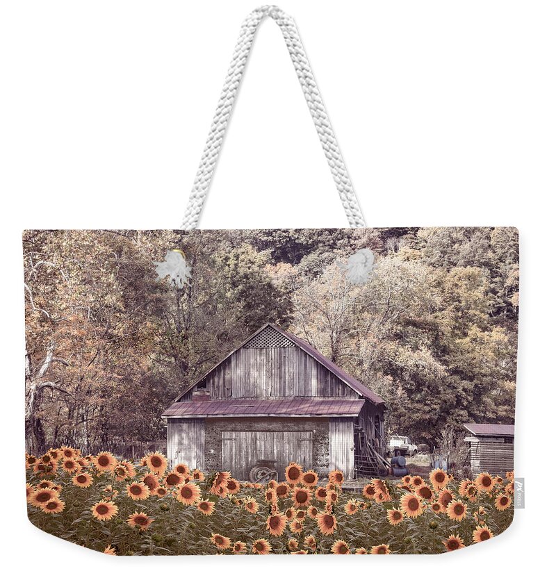 Sunflower Weekender Tote Bag featuring the photograph Old Wood Barn in Soft Sunflowers by Debra and Dave Vanderlaan