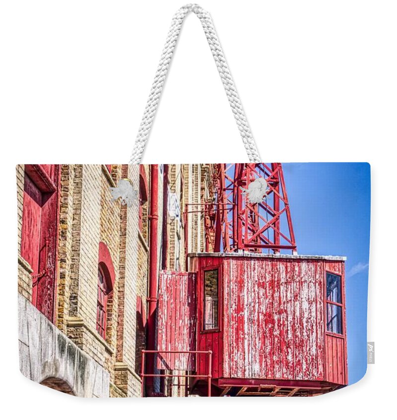 City Weekender Tote Bag featuring the photograph Old Wooden Crane by Raymond Hill