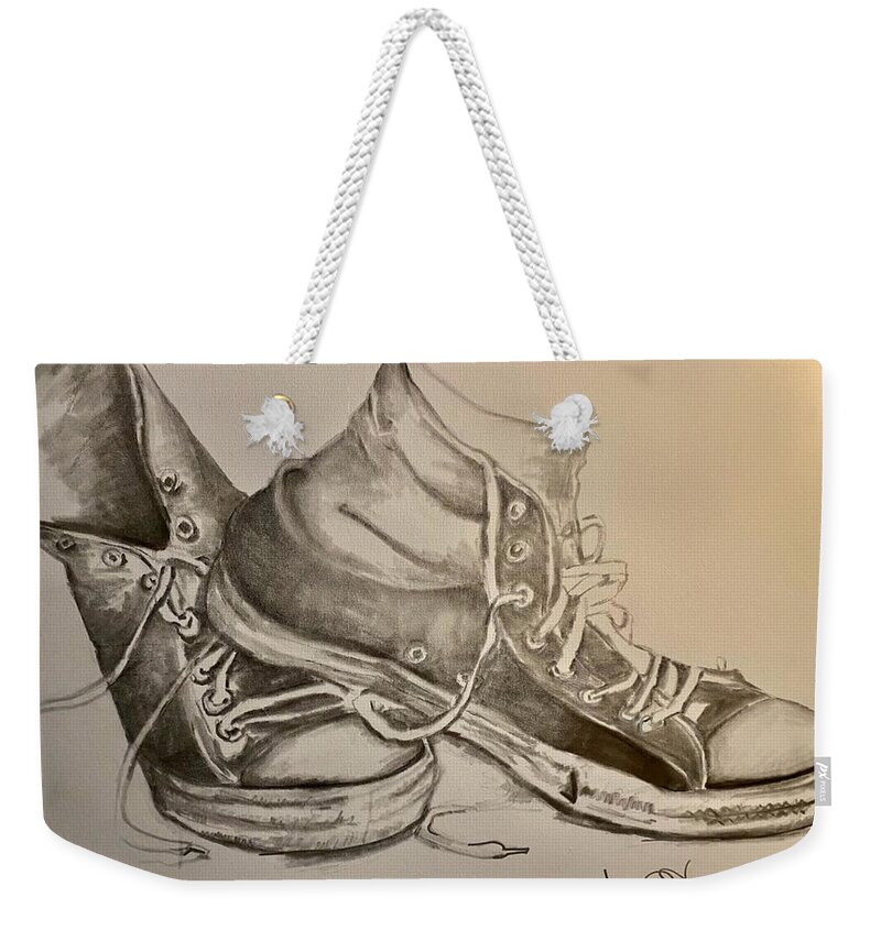  Weekender Tote Bag featuring the drawing Ole Sneakers by Angie ONeal