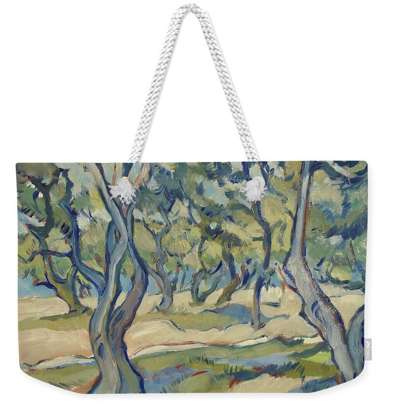 Olive Weekender Tote Bag featuring the painting Olive yard Paxos Greece by Nop Briex