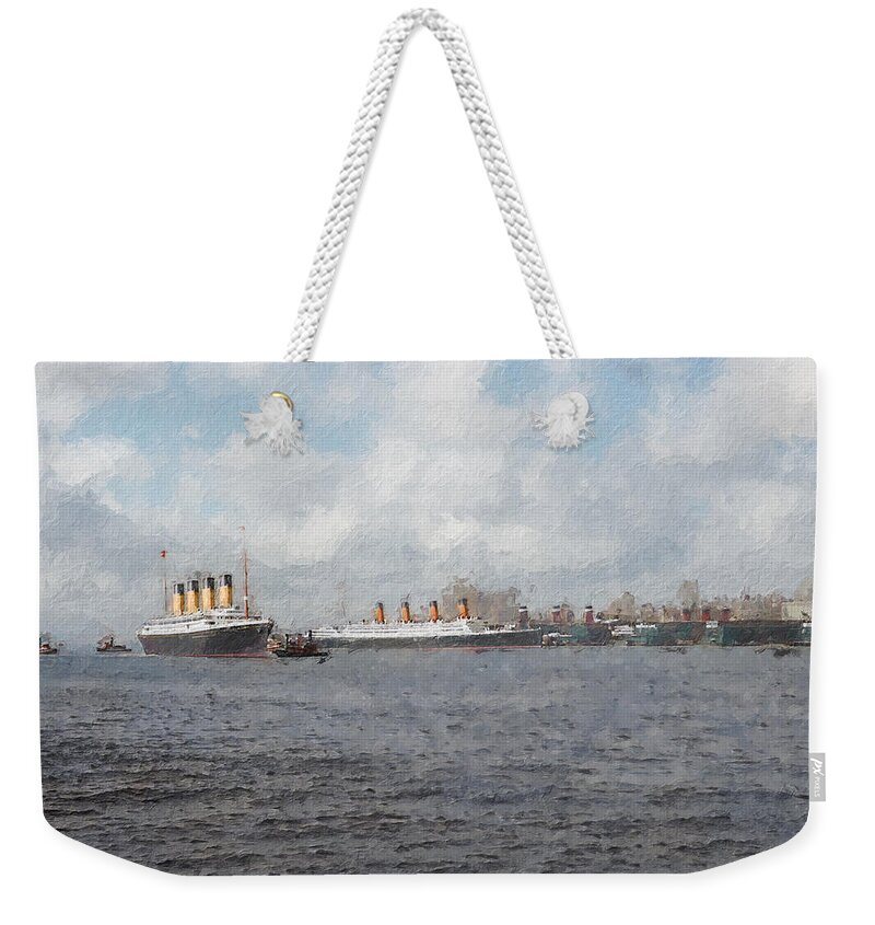 Steamer Weekender Tote Bag featuring the digital art Olympic and Aquitania by Geir Rosset