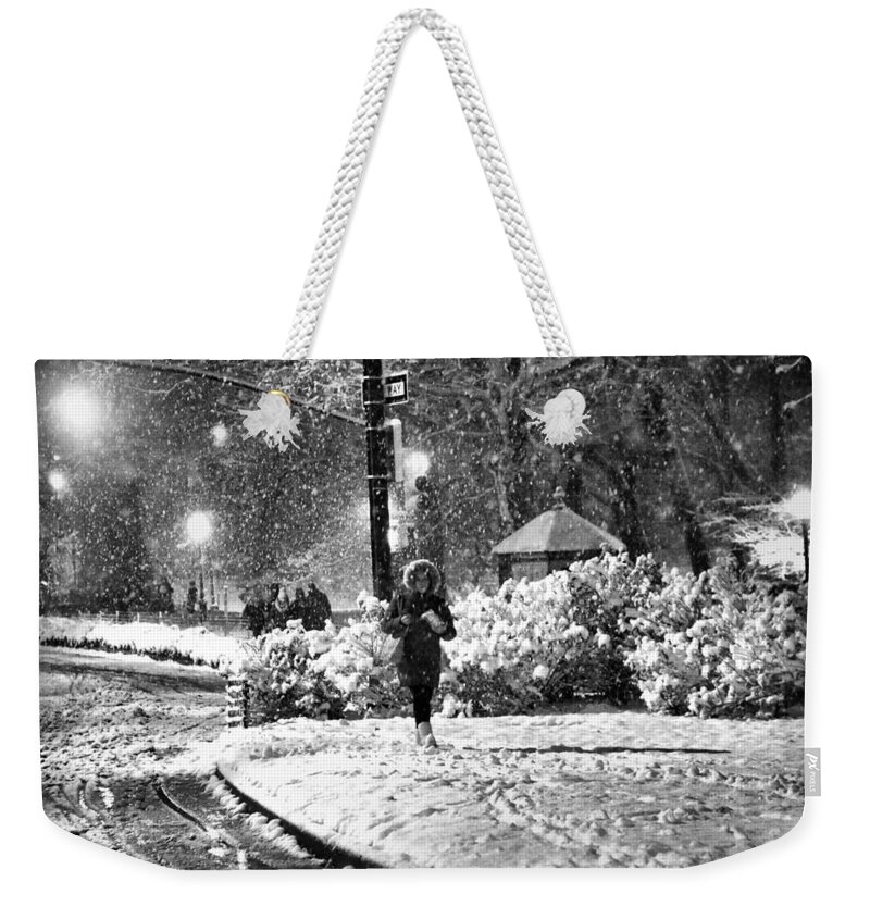 Snow Scene Weekender Tote Bag featuring the photograph On a Snowy Night in Central Park No. 2 by Steve Ember
